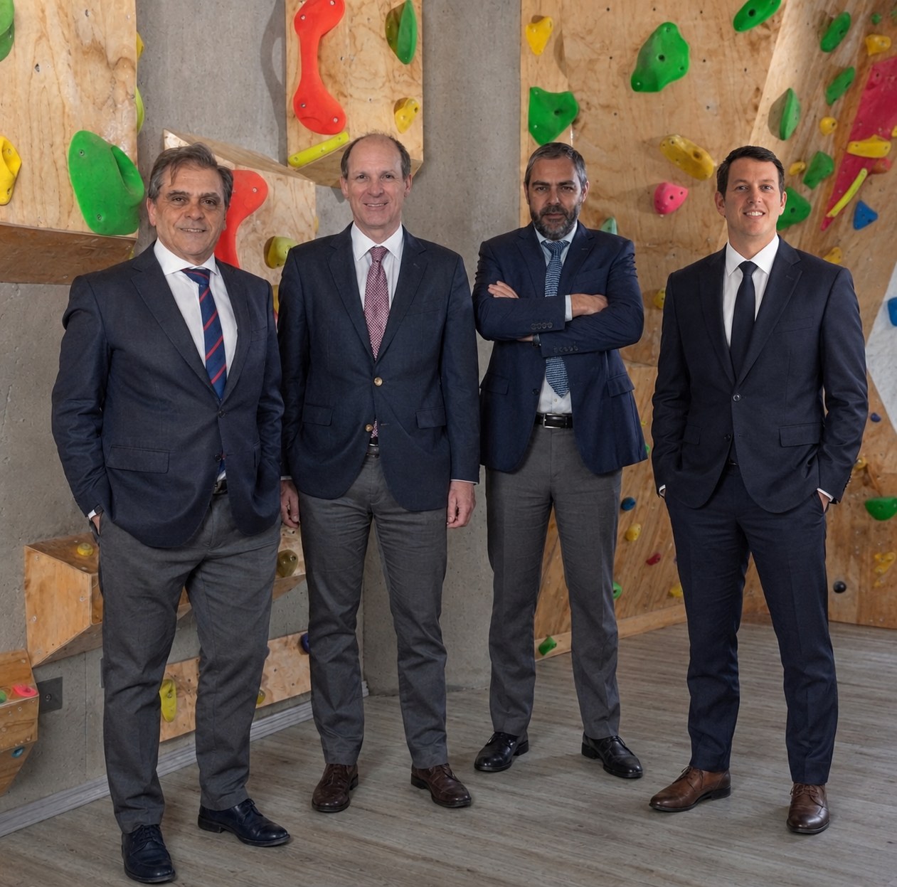 Tres socios de Bespoke Advisors junto al muro de escalada de la oficina